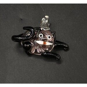 Handmade Lampwork Tuxedo Cat Kitty Art Glass Pendant Black White Clear